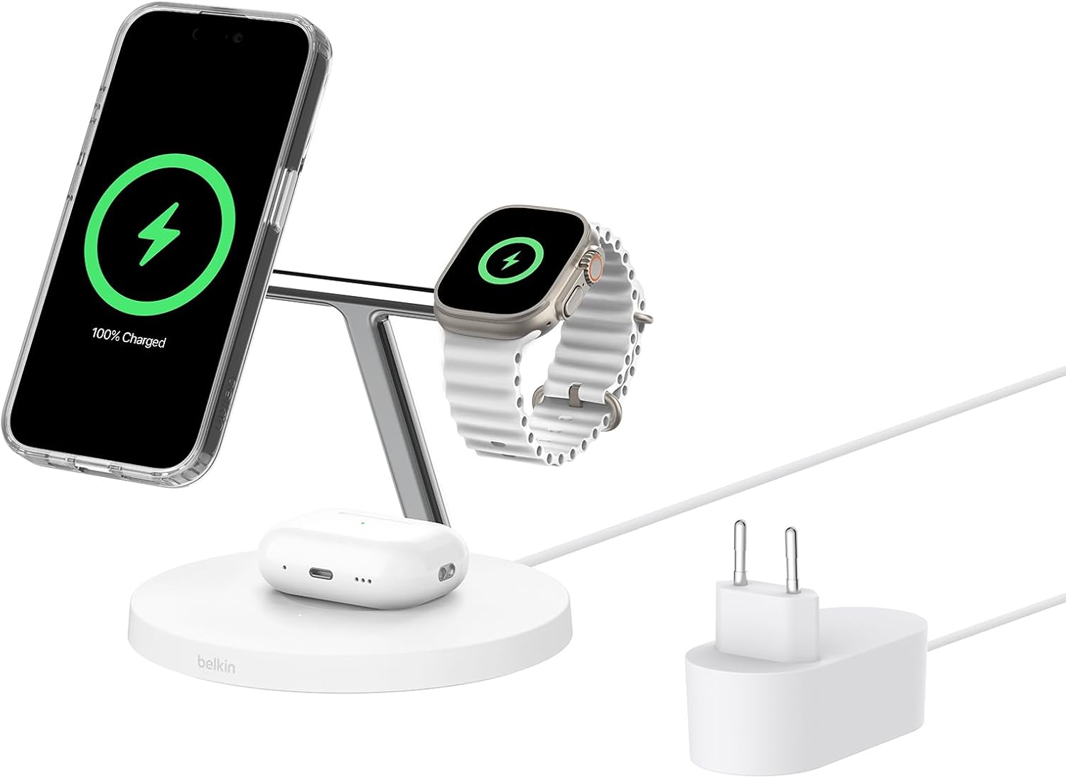 Belkin BoostCharge 3-in-1 Qi2 kabelloses Ladegerät, MagSafe-kompatibel, induktive Ladestation mit Qi2 für die iPhone 16, 15, 14, Apple Watch, AirPods, Rutschfester Sockel, inkl. Netzteil – Weiß